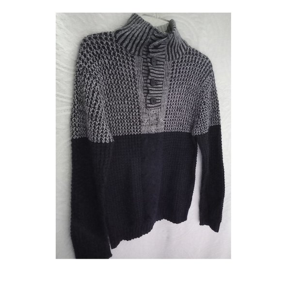 Vintage Blue Cable Knit Thick Button Down Turtleneck Sweater Size LG (T-338) - Picture 3 of 13